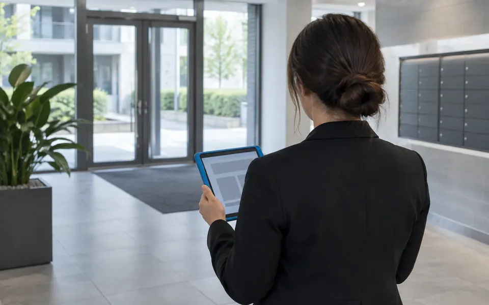 Konut binası girişinde tablet tutan bir yönetici